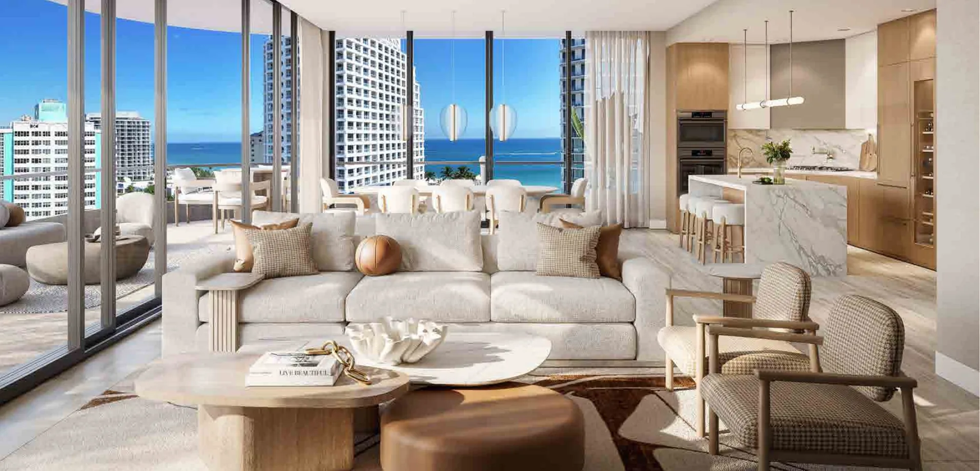 Bungalow East — Grand salon with floor-to-ceiling glass