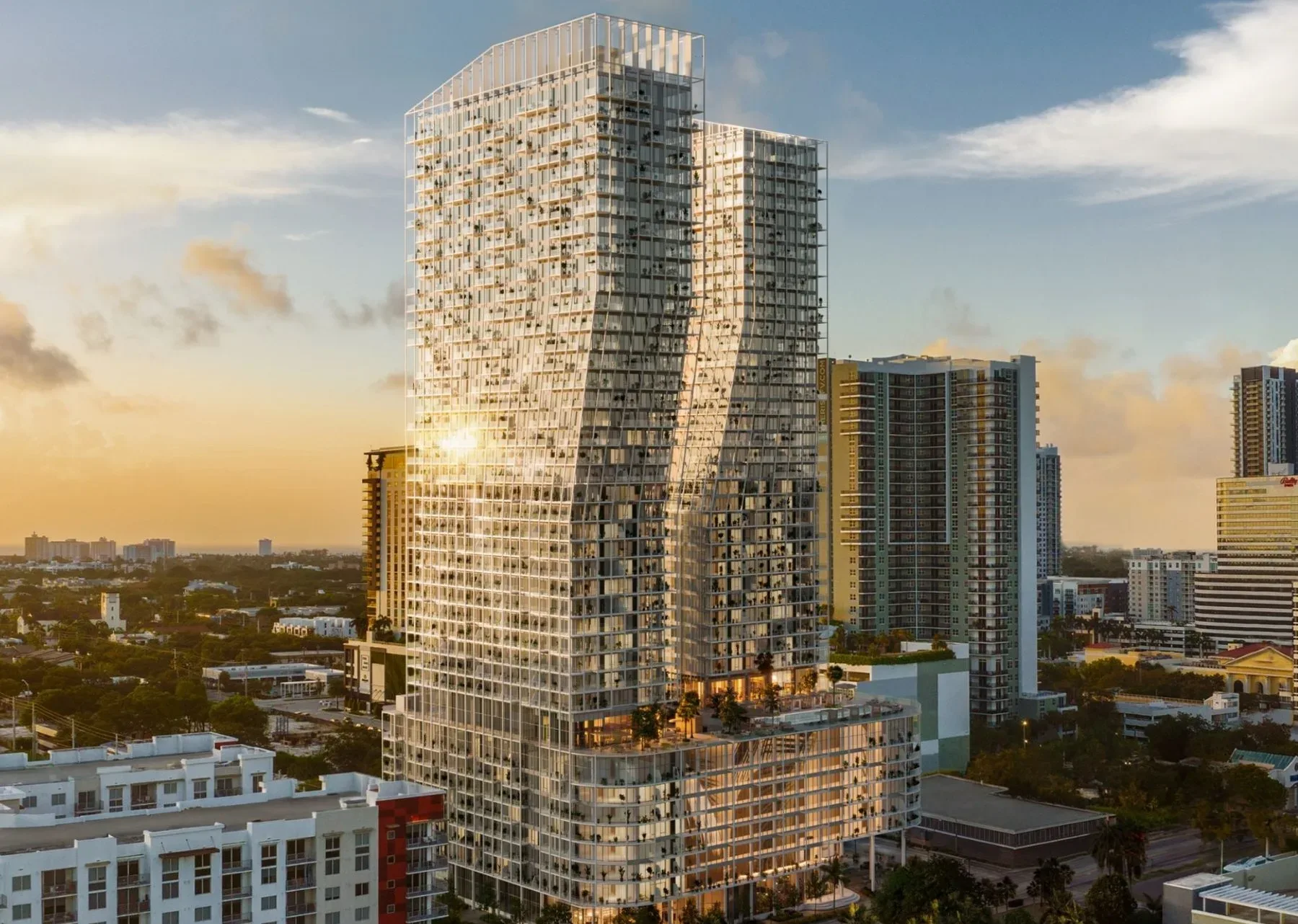 Ombelle Fort Lauderdale twin towers rendering at sunset