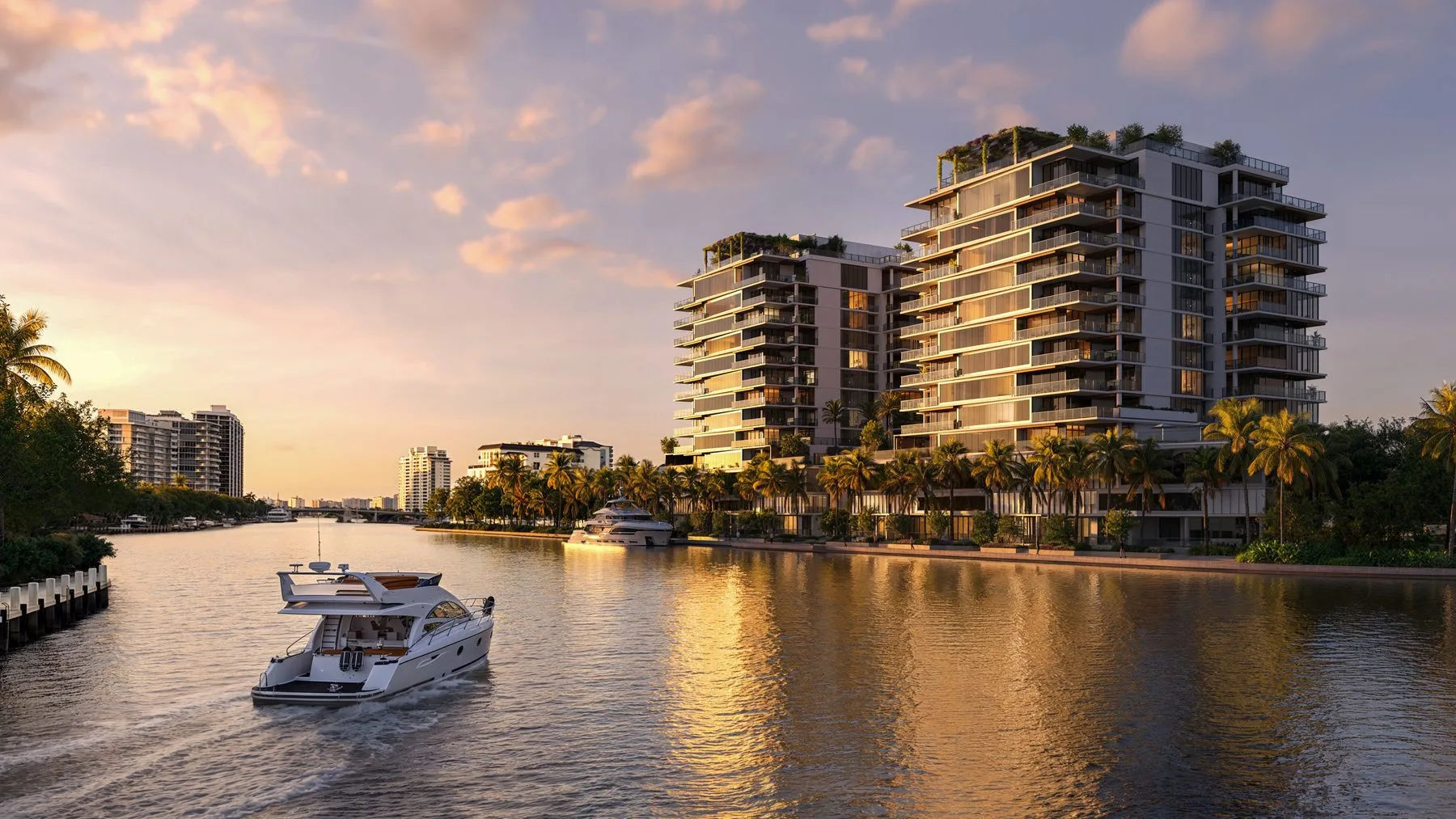 The Ritz-Carlton Residences, Fort Lauderdale Beach — twin towers on the Intracoastal at sunset