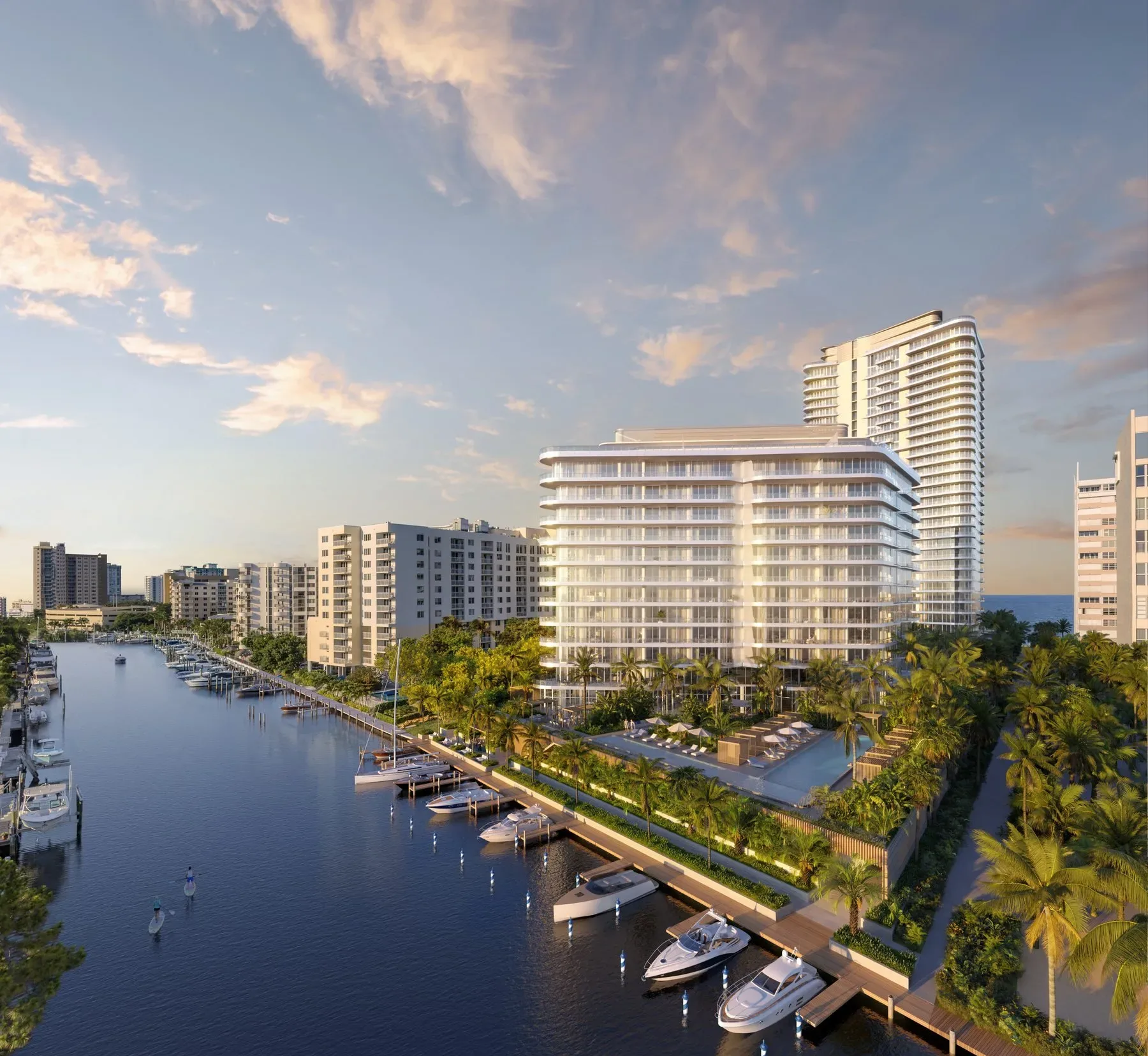 Ritz-Carlton Residences Pompano Beach dual towers and marina at sunset