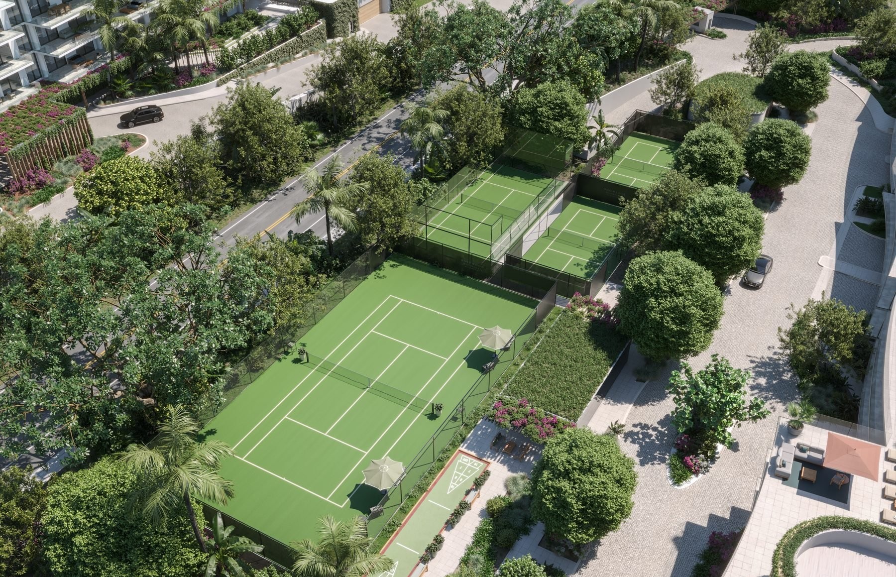 Rosewood Residences — tennis courts aerial
