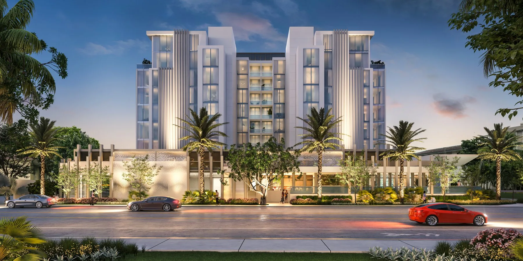 Salato Residences Pompano Beach exterior at dusk