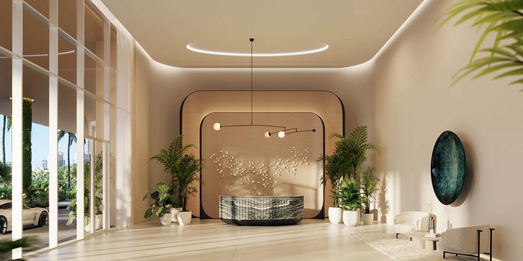 Viceroy Residences — Double-height lobby with sculptural centerpiece and porte-cochère arrival